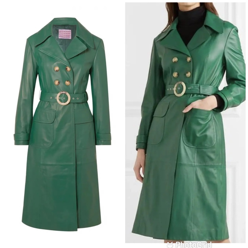 ALEXACHUNG Belted Leather Coat Green